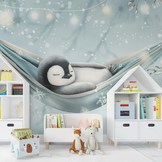 Kids-Mundo sleeping penguin wall mural covering a feature wall in a calm kids bedroom
