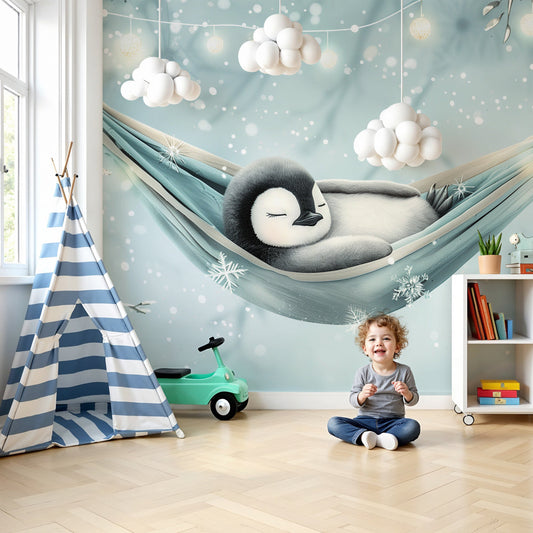Kids-Mundo baby penguin wall mural fitted above a cot in a soft grey and blue nursery