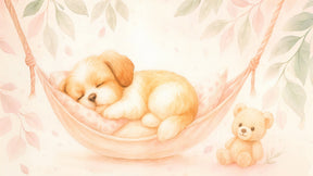 Detailed sleeping puppy and teddy bear mural wallpaper design pattern by Kids-Mundo