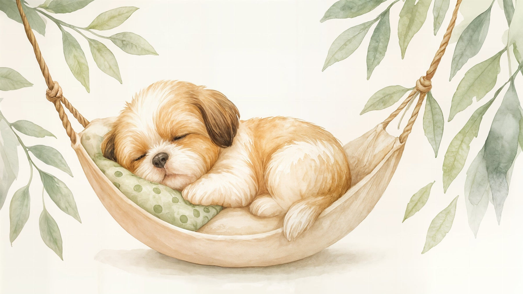Detailed sleeping puppy in hammock mural wallpaper design pattern with botanical elements by Kids-Mundo