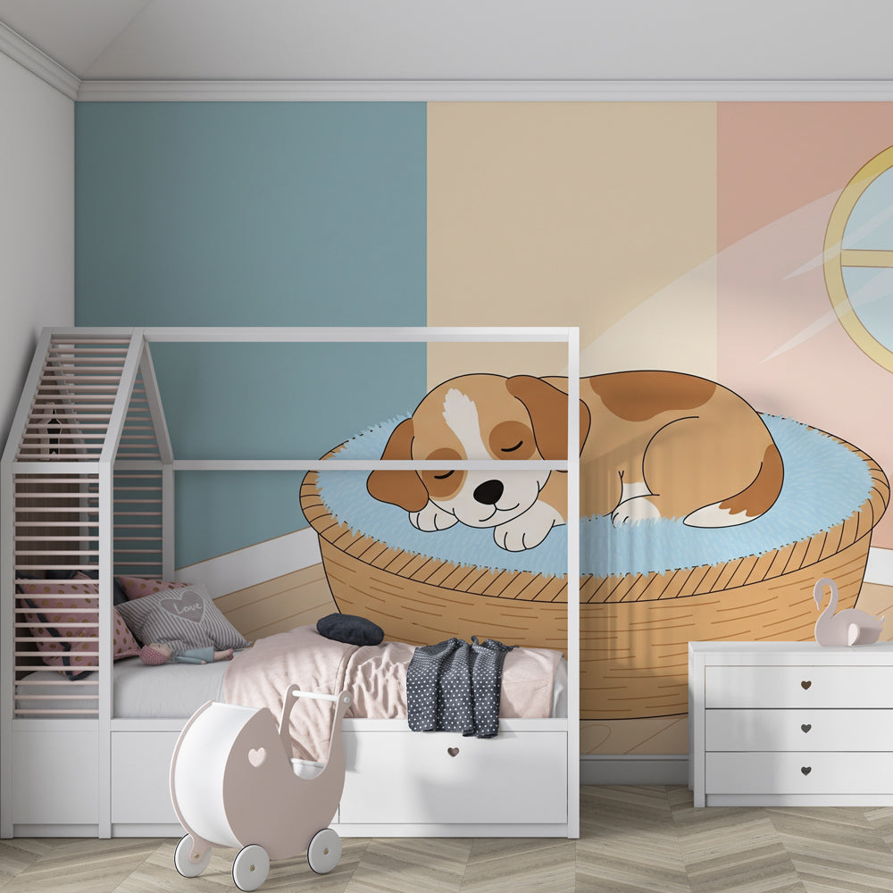 Cozy dog mural wallpaper transforming children's room into tranquil space by Kids-Mundo