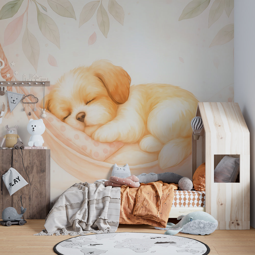 Gentle animal themed mural wallpaper with sleeping puppy for toddler room decor