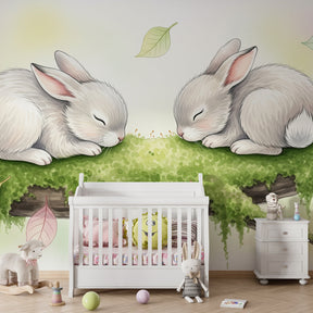 Dreamy rabbit wallpaper in modern kids bedroom with natural wood furniture