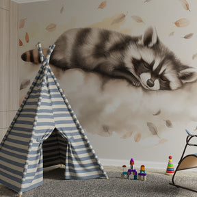 Nature-themed raccoon wallpaper creating cozy woodland atmosphere in kids bedroom