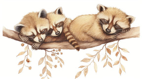 Detailed sleeping raccoon mural wallpaper design pattern with forest branches by Kids-Mundo