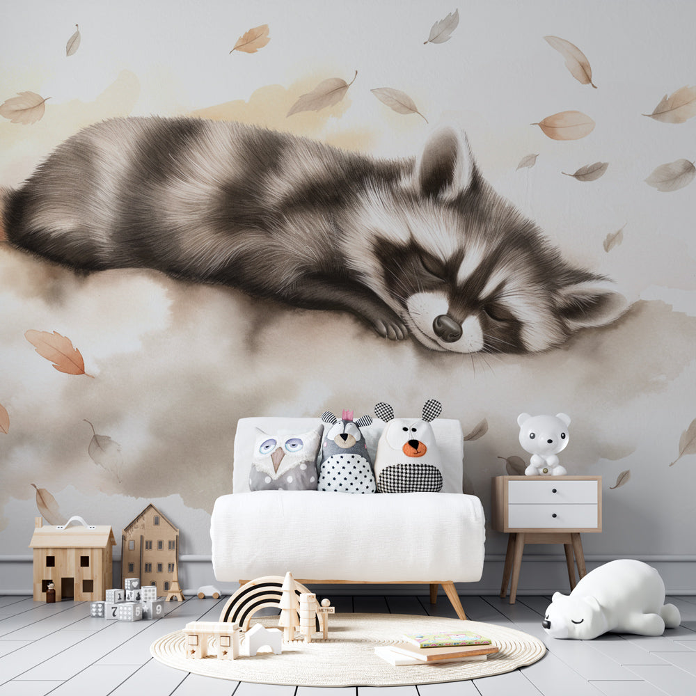 Forest animal mural wallpaper with sleeping raccoon for children's room decor