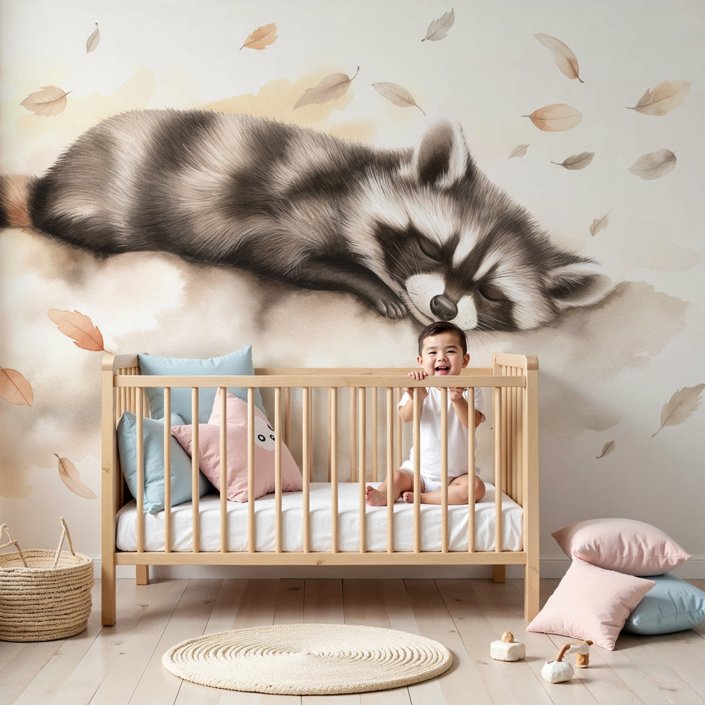 Sleeping raccoon mural wallpaper in peaceful nursery with wooden crib by Kids-Mundo