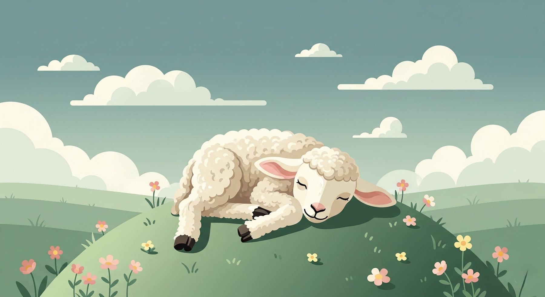 Detailed sleeping sheep meadow mural wallpaper design pattern with flowers by Kids-Mundo