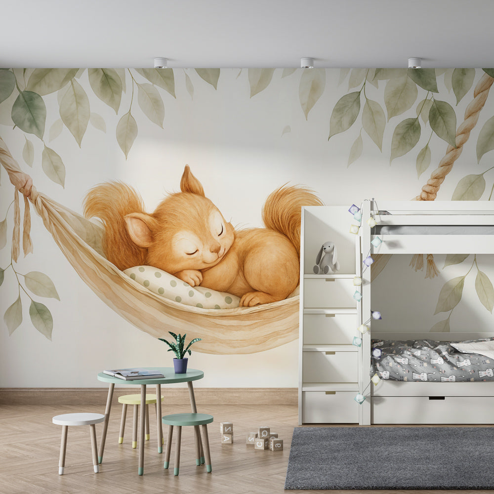 Kids-Mundo cosy squirrel hammock wall mural covering a feature wall in a toddler's bedroom
