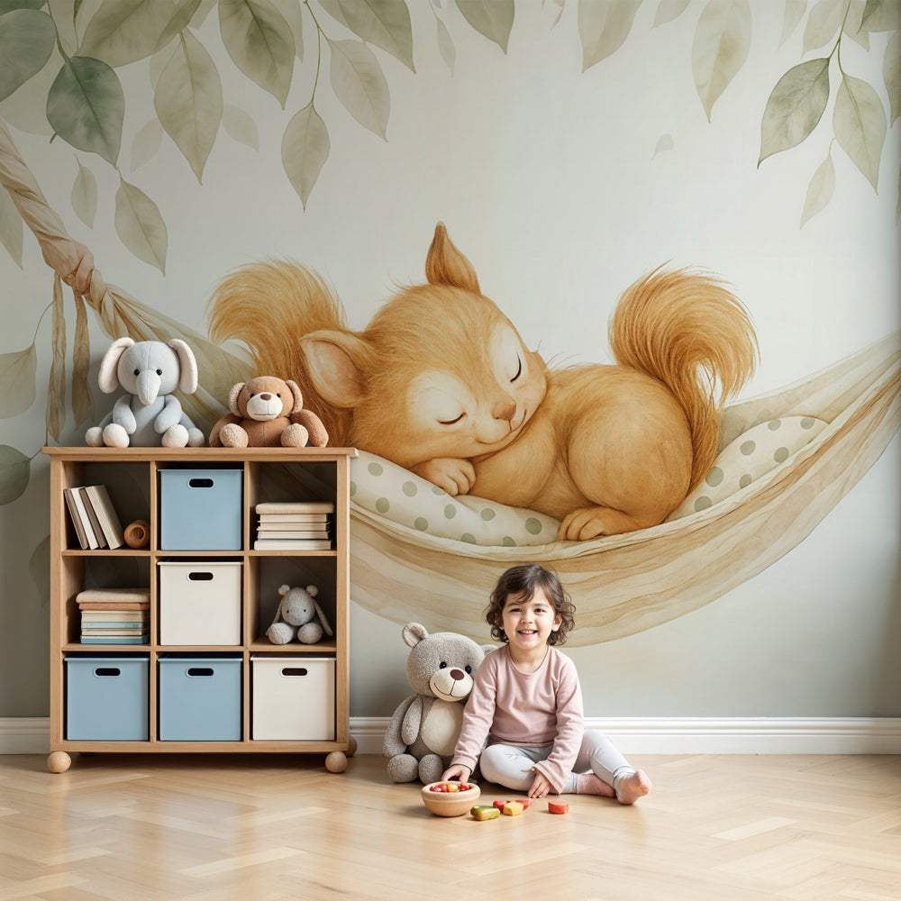 Kids-Mundo sleeping squirrel wall mural in a leafy hammock styled above a cot in a nursery