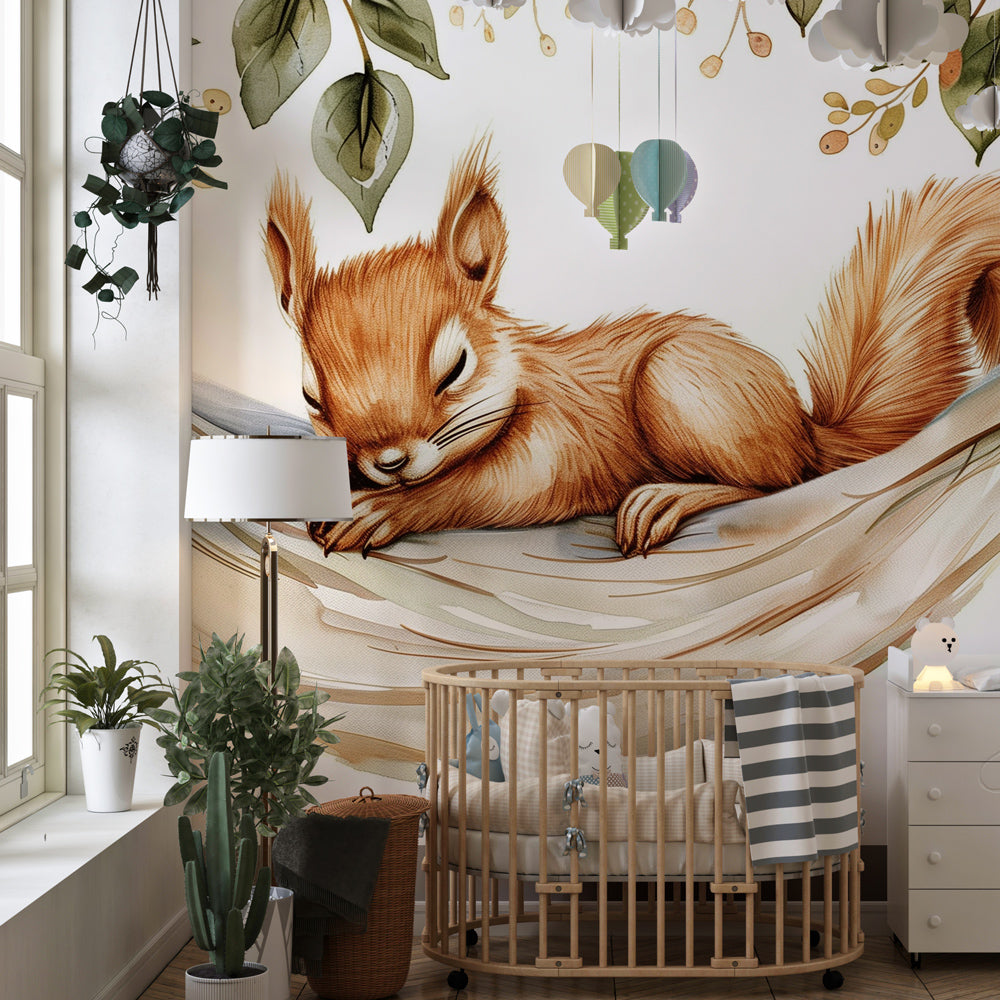 Red squirrel hammock wallpaper creating cozy atmosphere in children's bedroom by Kids-Mundo