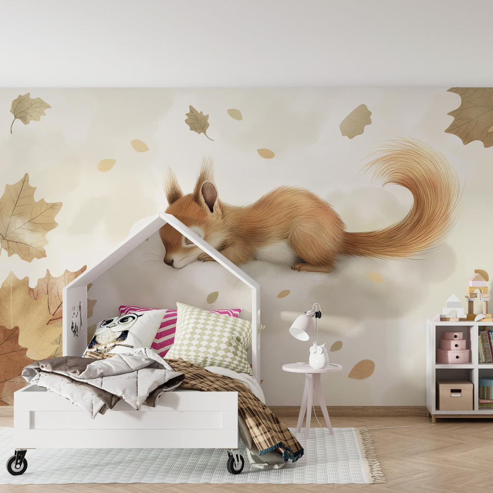 Close-up view of sleeping squirrel on cloud mural wallpaper with autumn leaves detail