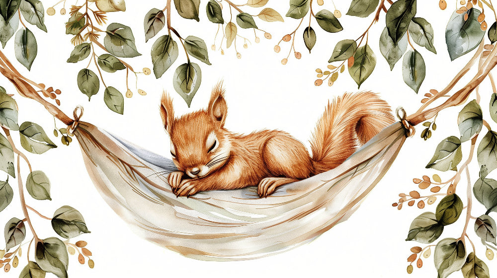 Detailed sleeping squirrel in hammock mural wallpaper design pattern with leafy branches by Kids-Mundo