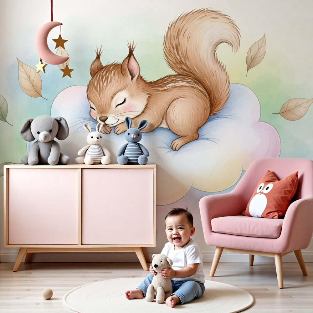 Sleeping squirrel cloud mural wallpaper in modern nursery with pastel decor by Kids-Mundo