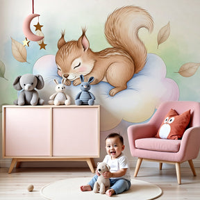 Sleeping squirrel cloud mural wallpaper in modern nursery with pastel decor by Kids-Mundo