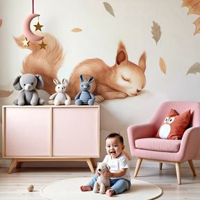 Sleeping squirrel mural wallpaper in cozy nursery with autumn cloud theme by Kids-Mundo