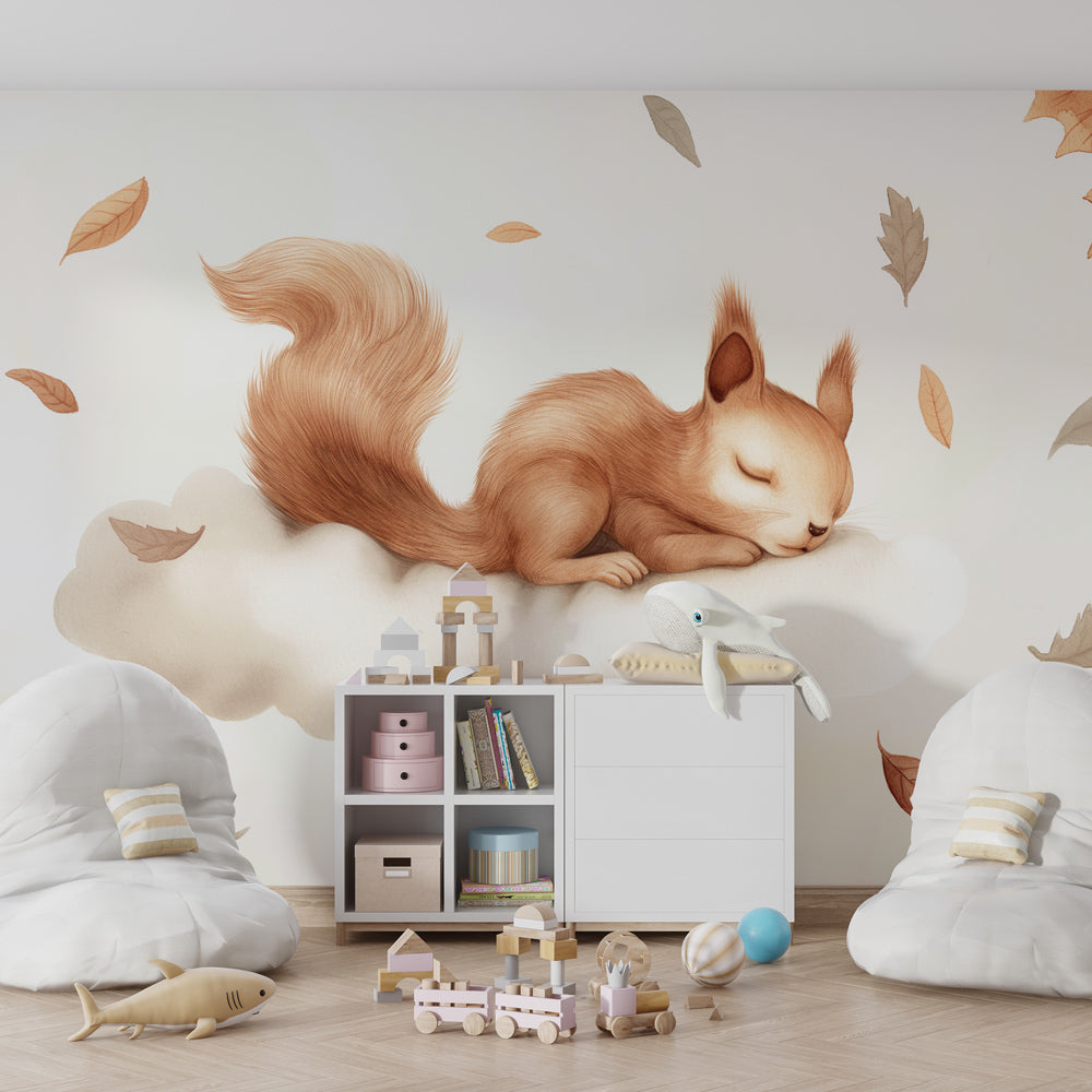 Dreamy squirrel on cloud mural wallpaper for kids playroom with warm autumn colors