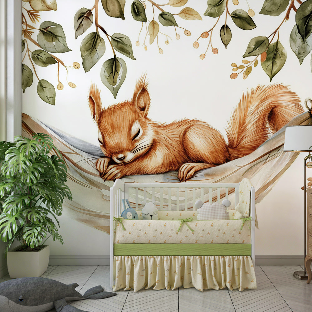 Woodland animal wallpaper featuring sleeping squirrel in modern toddler room by Kids-Mundo