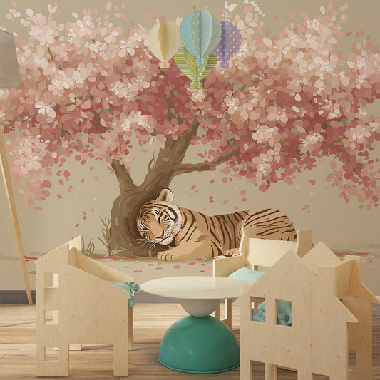 Kids-Mundo cherry blossom tiger mural installed as a feature wall in a child's bedroom