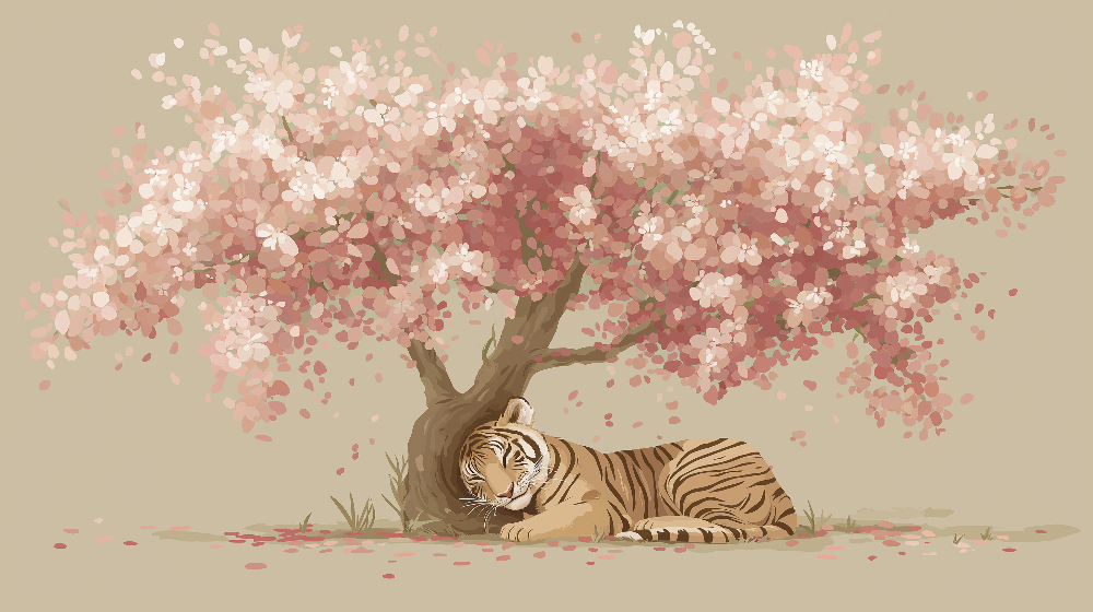 Kids-Mundo flat artwork preview of the sleeping tiger and cherry blossom wall mural design