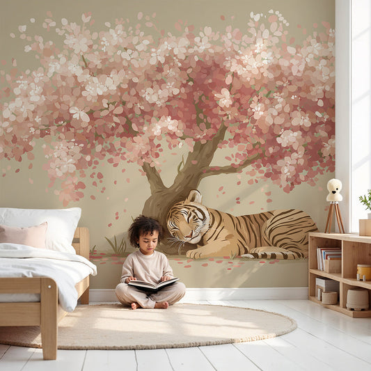 Kids-Mundo sleeping tiger and cherry blossom wall mural in a calm, softly lit nursery