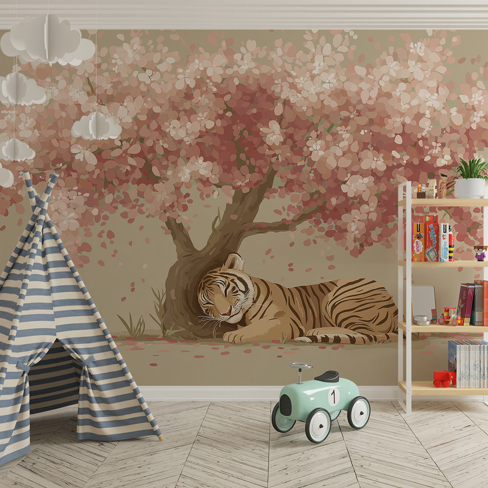 Kids-Mundo tiger wall mural bringing pink cherry blossom charm to a bright playroom