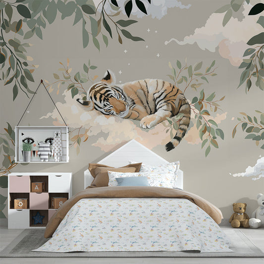 Kids-Mundo dreamy tiger and foliage mural softening a peaceful kids bedroom wall.