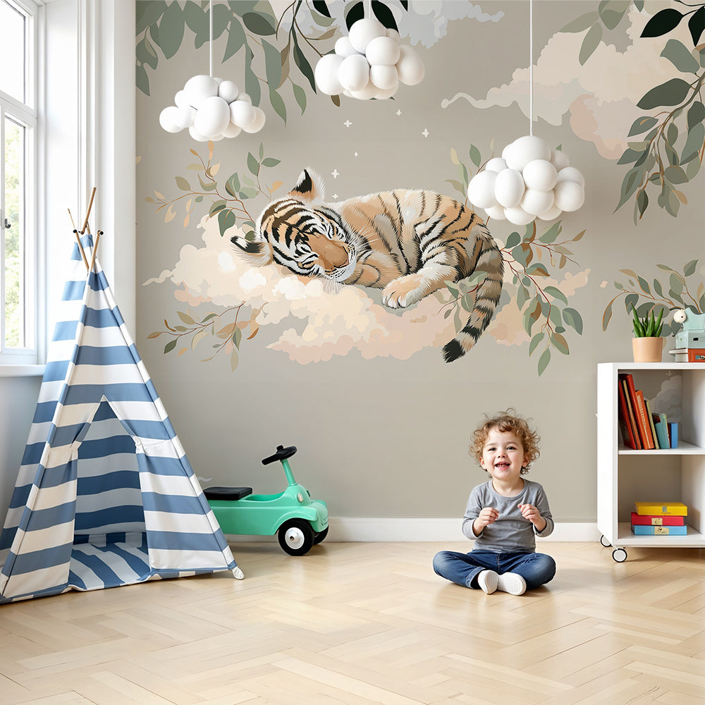 Kids-Mundo sleeping tiger cloud wall mural creating a calm, botanical nursery scene.