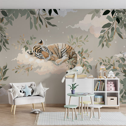 Kids-Mundo sleeping tiger wall mural adding a gentle, nature-inspired playroom feature.