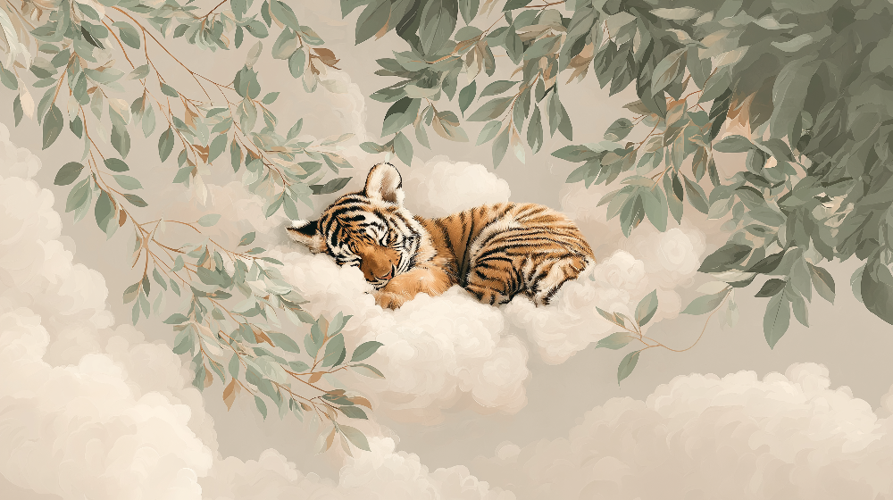Sleeping Tiger Cub Among Clouds Wall Mural