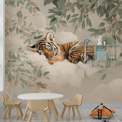Kids-Mundo sleepy tiger wall mural adding a cosy leafy scene to a playroom.