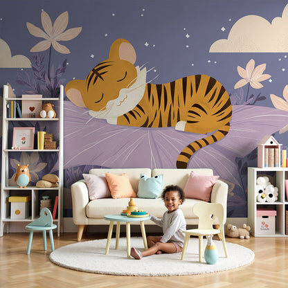 Kids-Mundo sleeping tiger floral wall mural in a soft lilac baby nursery