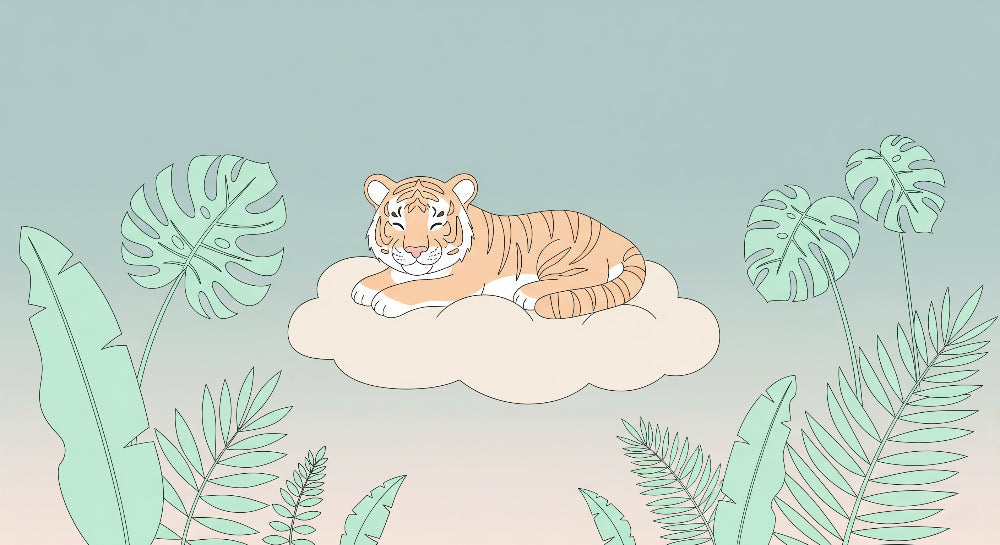 Detailed sleeping tiger on cloud mural wallpaper design pattern with tropical leaves by Kids-Mundo