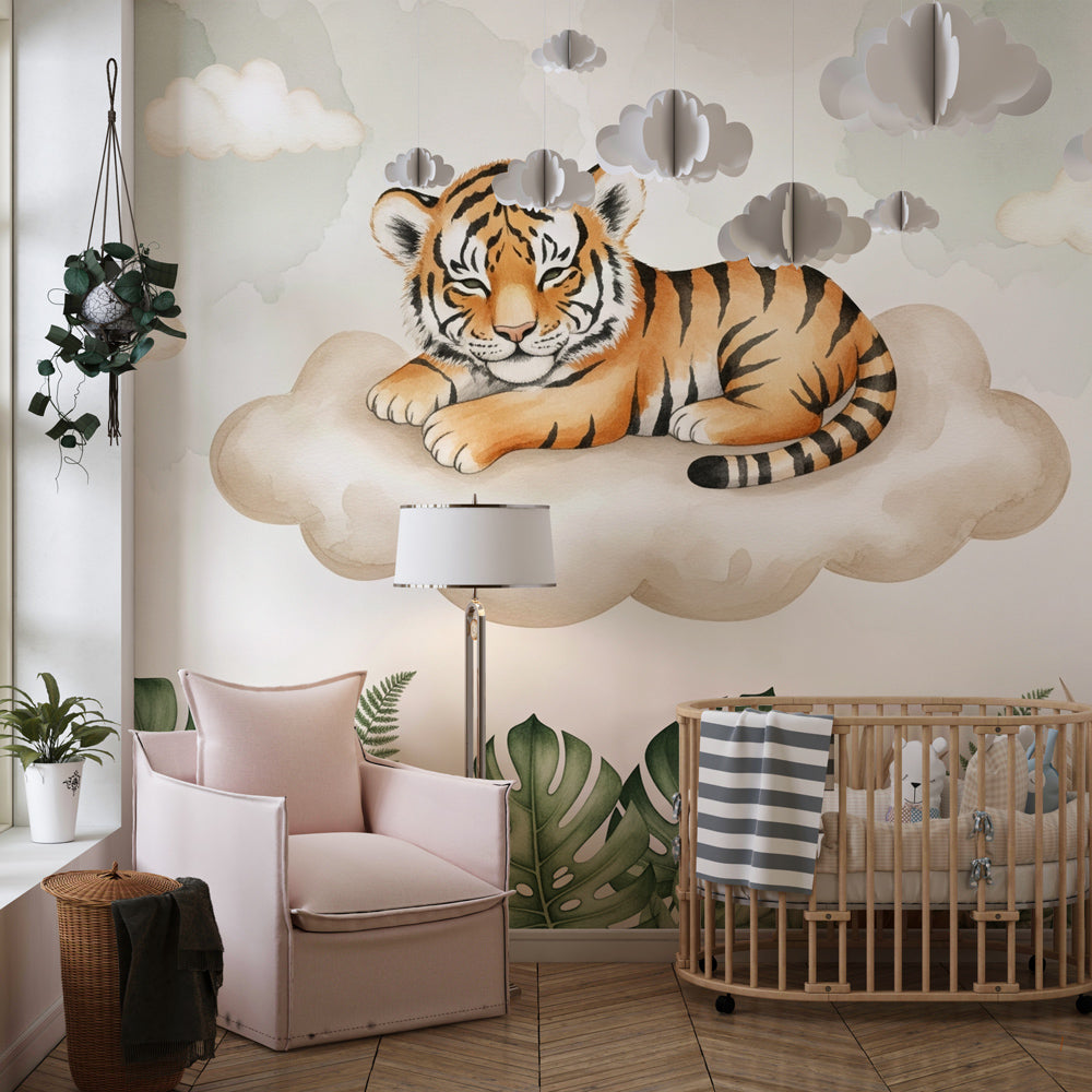 Dreamy tiger cloud wallpaper creating serene atmosphere in children's bedroom decor