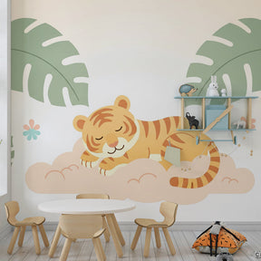 Tropical tiger wallpaper creating peaceful atmosphere in children's bedroom