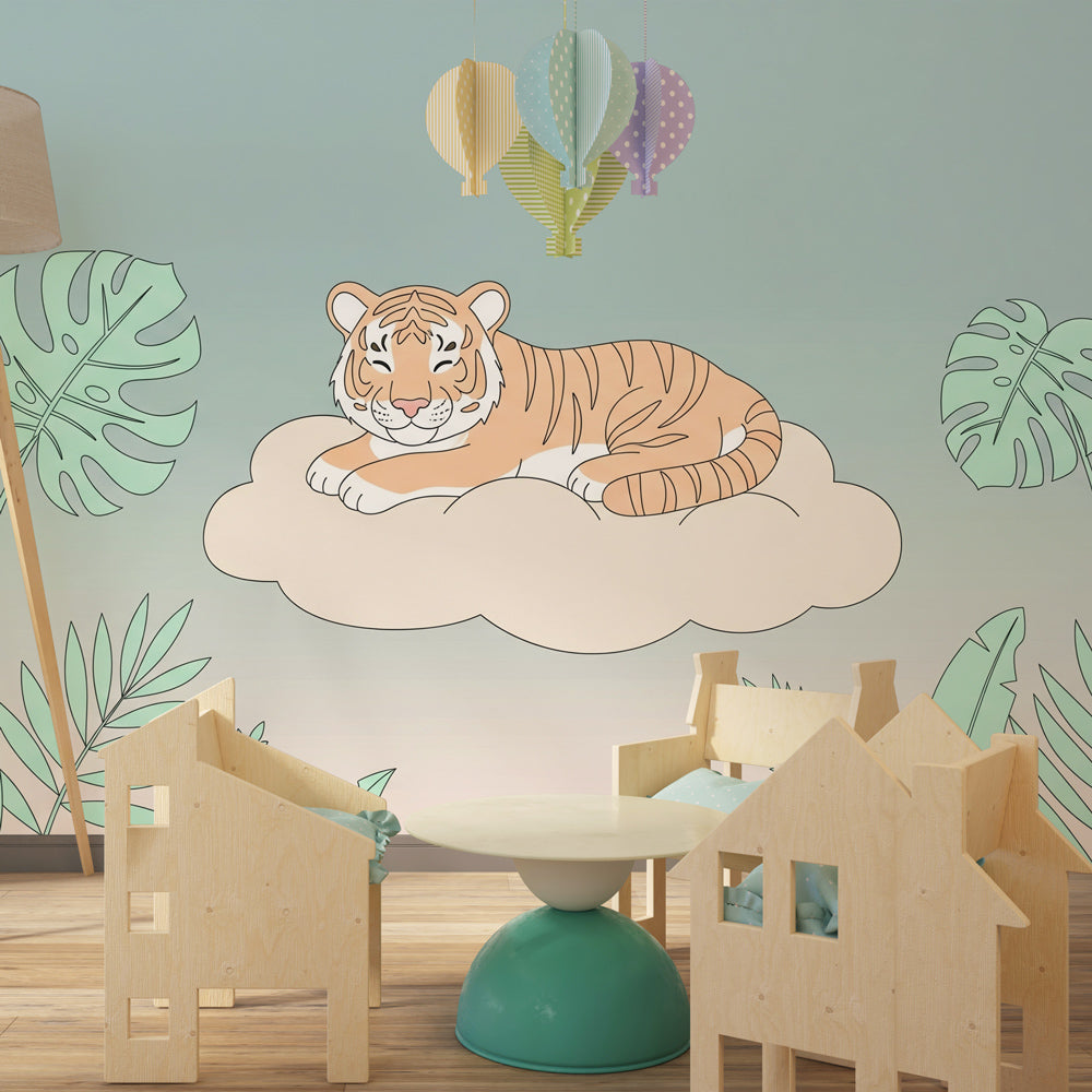 Dreamy tiger wallpaper creating serene atmosphere in modern children's bedroom