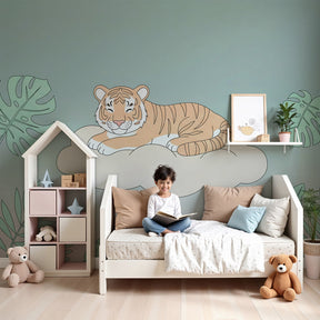 Sleeping tiger cloud mural wallpaper in peaceful nursery with natural decor by Kids-Mundo