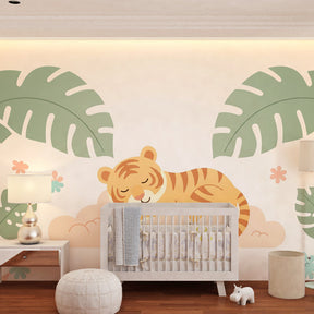 Jungle animal mural wallpaper transforming kids playroom into magical space