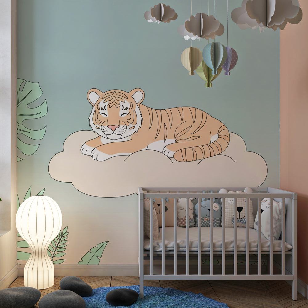 Tropical tiger cloud wallpaper transforming toddler room into magical jungle sanctuary
