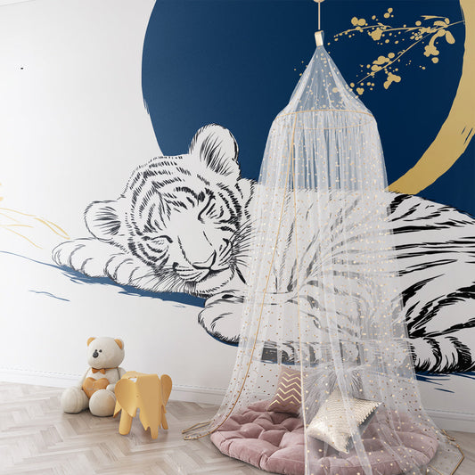 Kids-Mundo navy and gold tiger mural adding sophistication to a kids bedroom wall.
