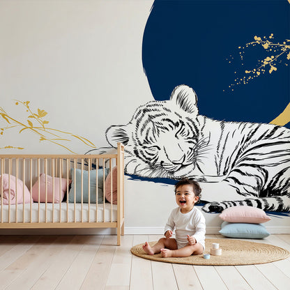Kids-Mundo elegant sleeping tiger wall mural bringing artistic calm to a nursery room.