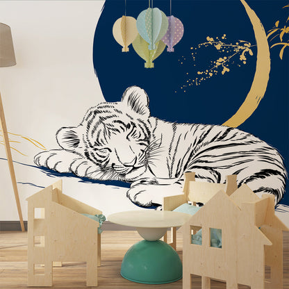 Kids-Mundo inked sleeping tiger wall mural creating a stylish playroom feature wall.