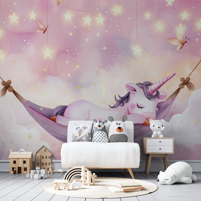 Kids-Mundo unicorn cloud wall mural on a feature wall in a magical kids bedroom.