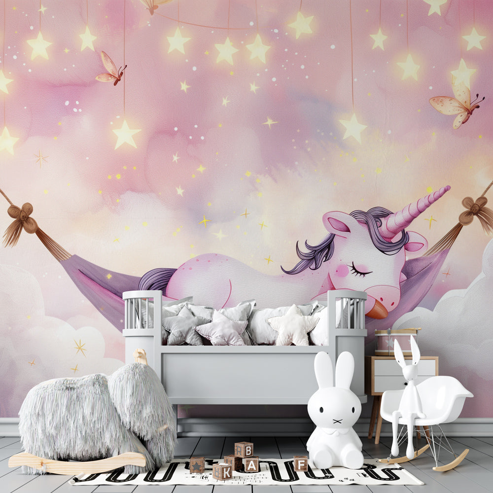 Kids-Mundo sleeping unicorn wall mural bringing soft pink magic to a playroom.