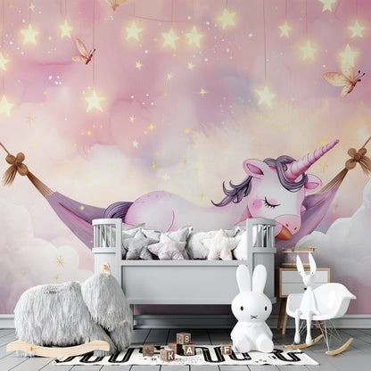 Kids-Mundo sleeping unicorn wall mural bringing soft pink magic to a playroom.