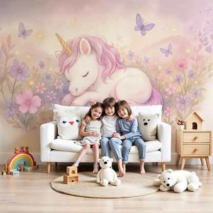 Kids-Mundo sleeping unicorn wall mural with pink wildflowers in a soft baby nursery room
