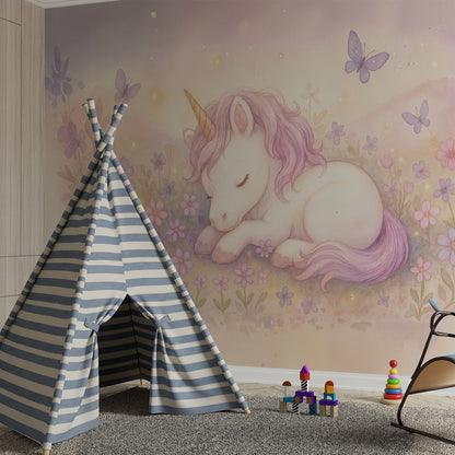 Kids-Mundo watercolour unicorn wall mural featured in a bright children's playroom