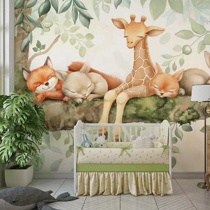 Kids-Mundo woodland animals wall mural with fox and giraffe in a kids bedroom