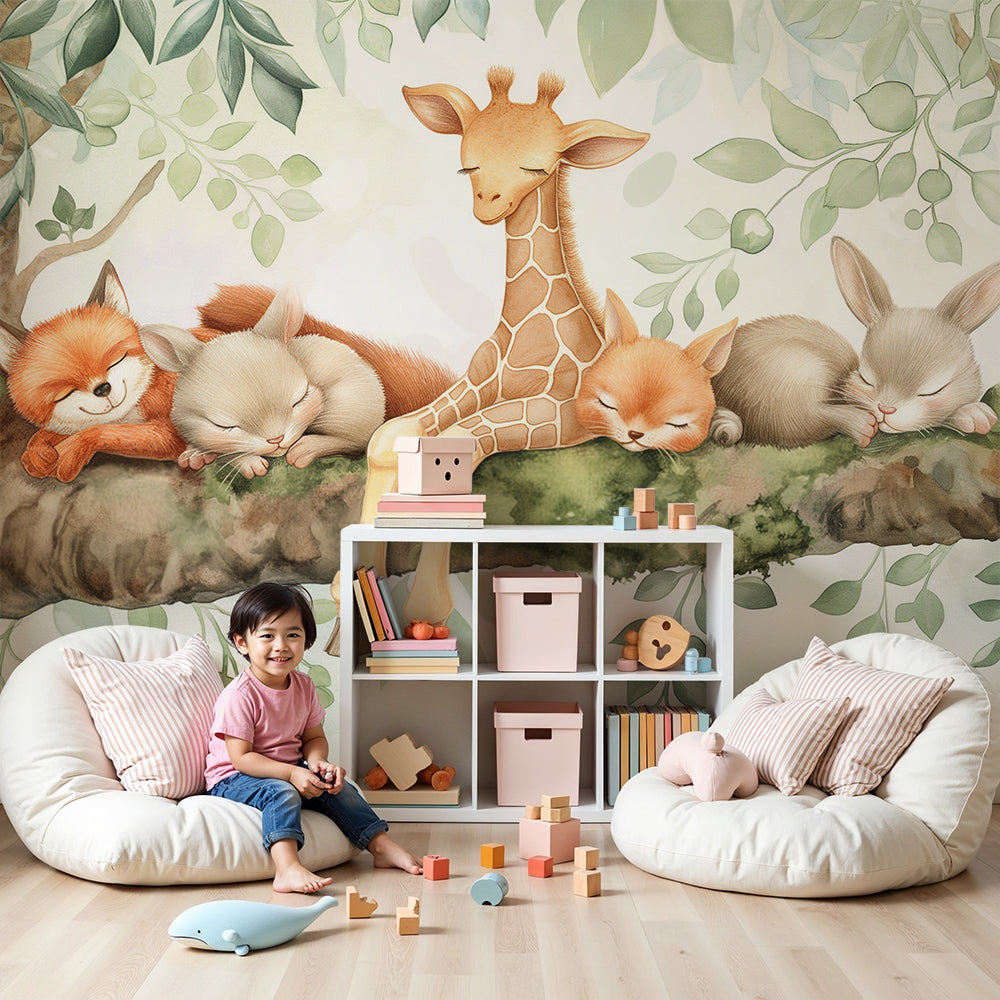 Kids-Mundo sleepy fox and giraffe branch wall mural made to measure for a nursery