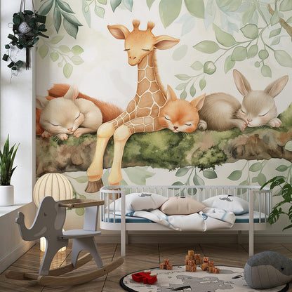 Kids-Mundo sleepy fox, giraffe and rabbit mural bringing a calm woodland feel to a playroom